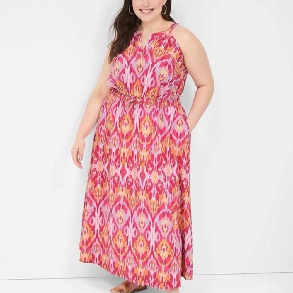 Lane Bryant womens ikat split neck tie waist Maxi Dress size 14 NWT